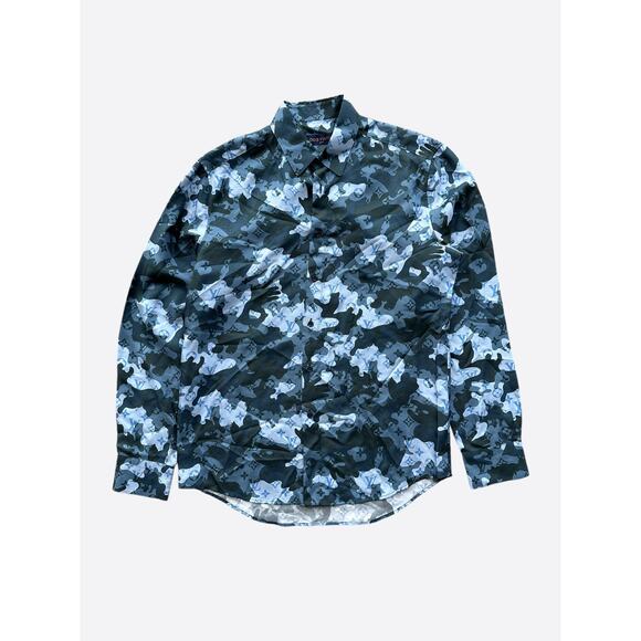 Louis Vuitton Blue Camouflage Monogram Silk Button Up Shirt